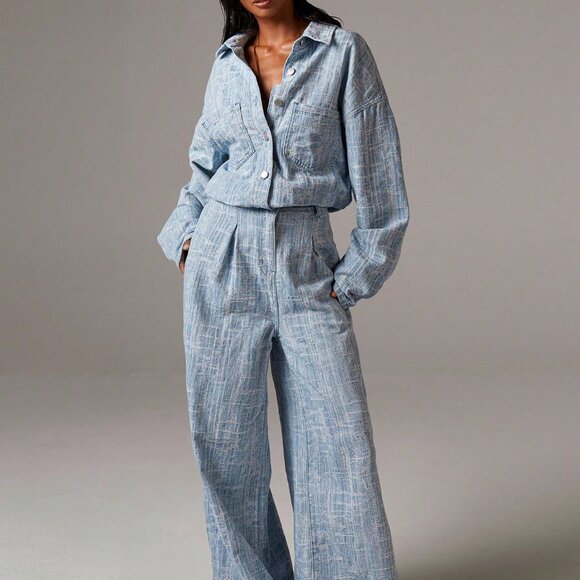 Blue Casual Women's Chambray Drop Shoulder Long Sleeve Wide Leg Denim Jumpsuit